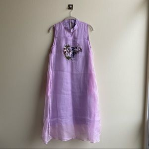 Lilac Dress with Embroidered Bird Nature Scenery Sz. Medium